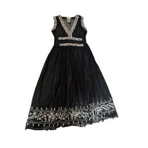 IXE Black‎ Sheer Mesh Embroidered Midi Dress Size 4 Y2K Whimsigoth Fairy Goth